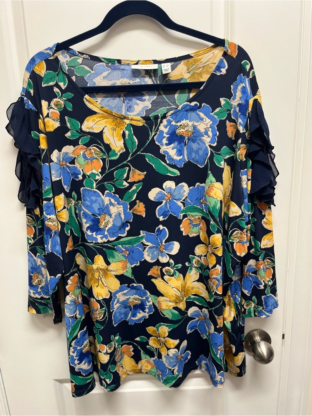 Susan Graver Liquid Knit Floral Ruffle Sleeve Top Navy Blue Yellow 3X